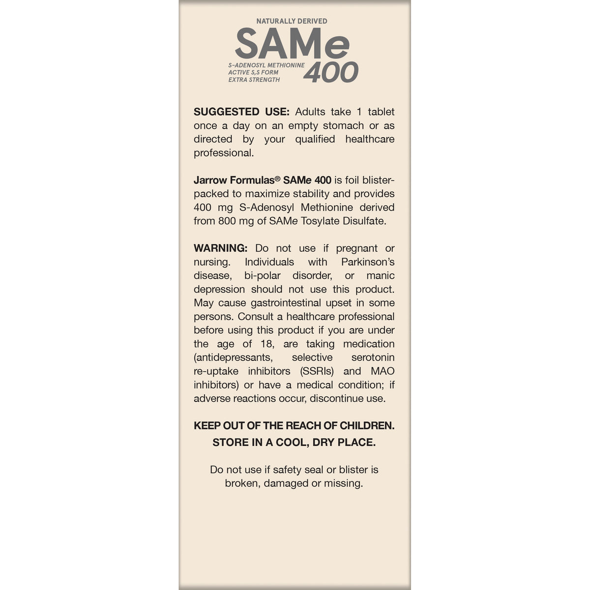 JR350 | back panel with suggested use, warnings, and storage instructions for SAMe 400 supplement