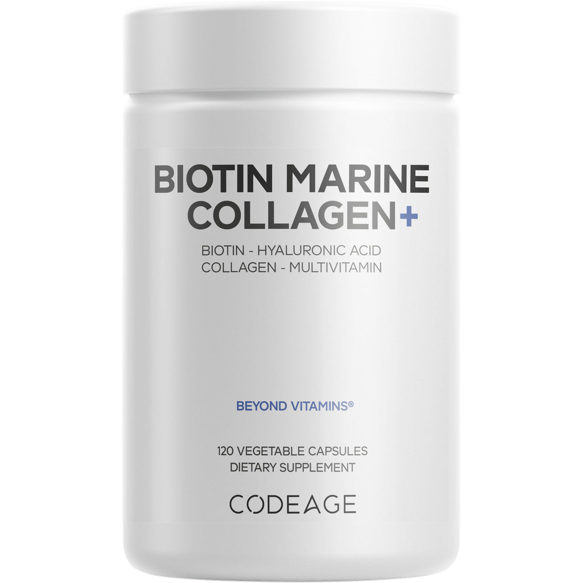 CDG027 | White CODEAGE bottle labeled Biotin Marine Collagen, 120 vegetable capsules dietary supplement