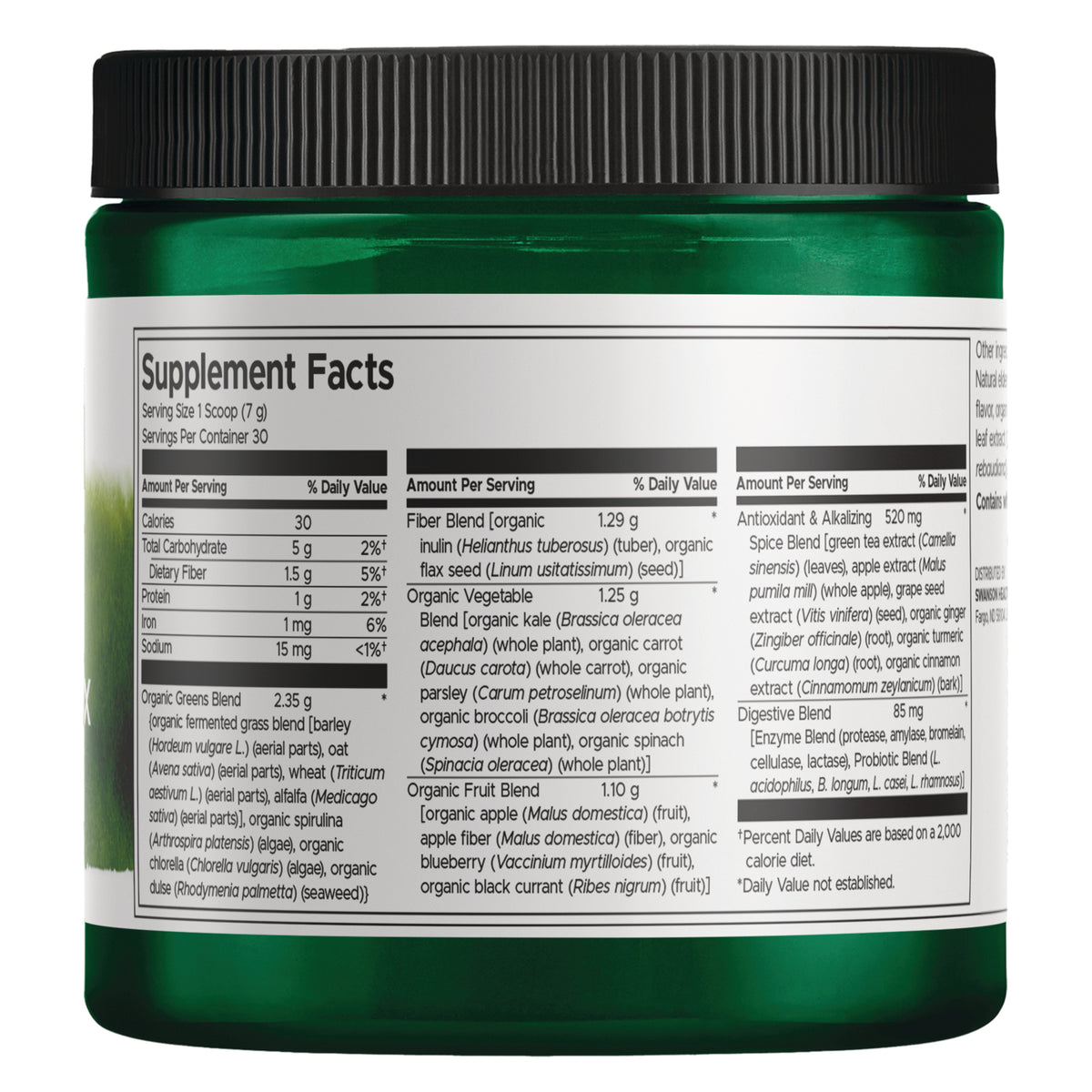 SWB006 | Supplement Facts panel on green powder jar, nutrition and ingredient list visible