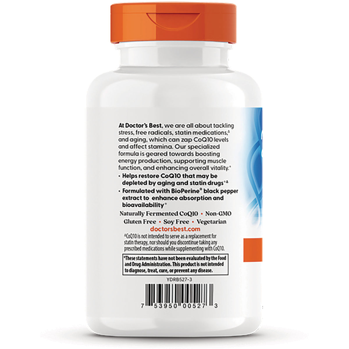 DB275 | Back of white supplement bottle with orange cap showing label text, doctorsbest.com, barcode and ingredient information