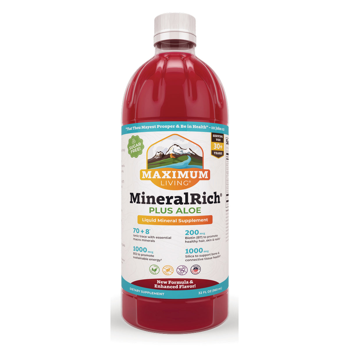 MK030 | Front view of Maximum Living MineralRich + ALOE liquid mineral supplement bottle