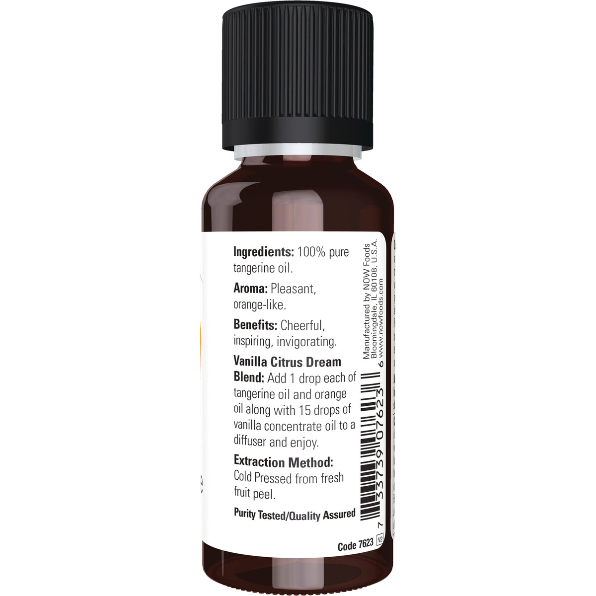 NWF638 | Back label showing ingredients 100% pure tangerine oil, aroma, benefits, Vanilla Citrus Dream blend and extraction method, barcode