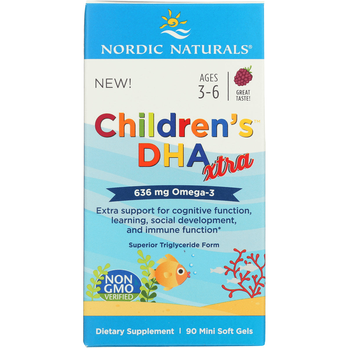 NRN102 | Nordic Naturals Children's DHA xtra box, raspberry flavor, 636 mg Omega-3, 90 mini soft gels