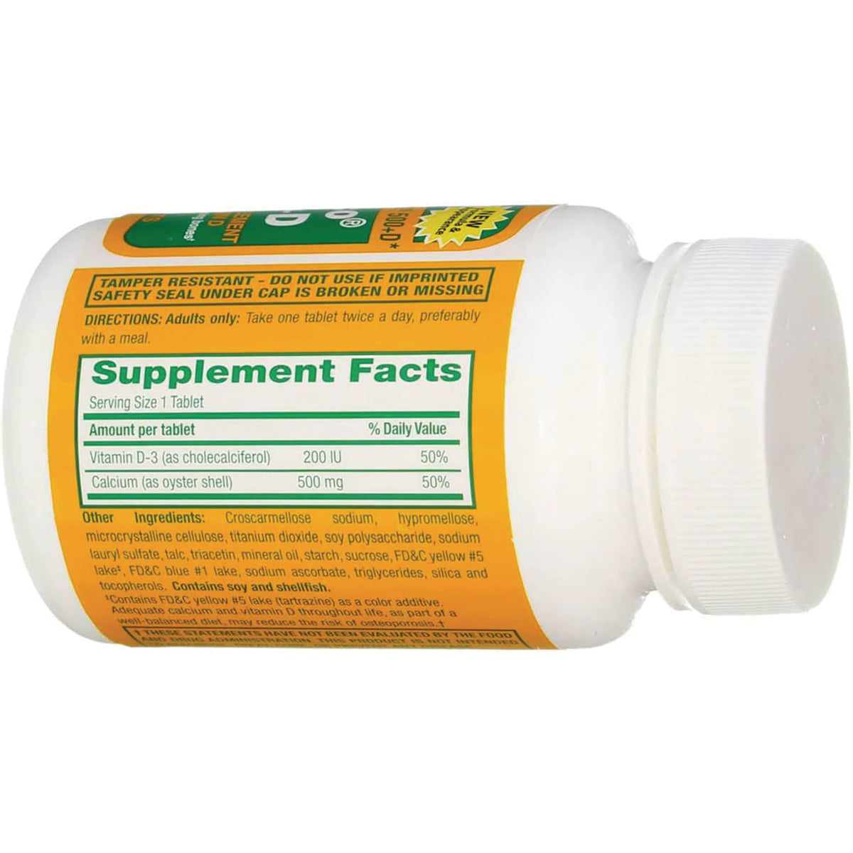 WAT039 | Back label of supplement bottle showing Supplement Facts: Vitamin D-3 200 IU and Calcium 500 mg