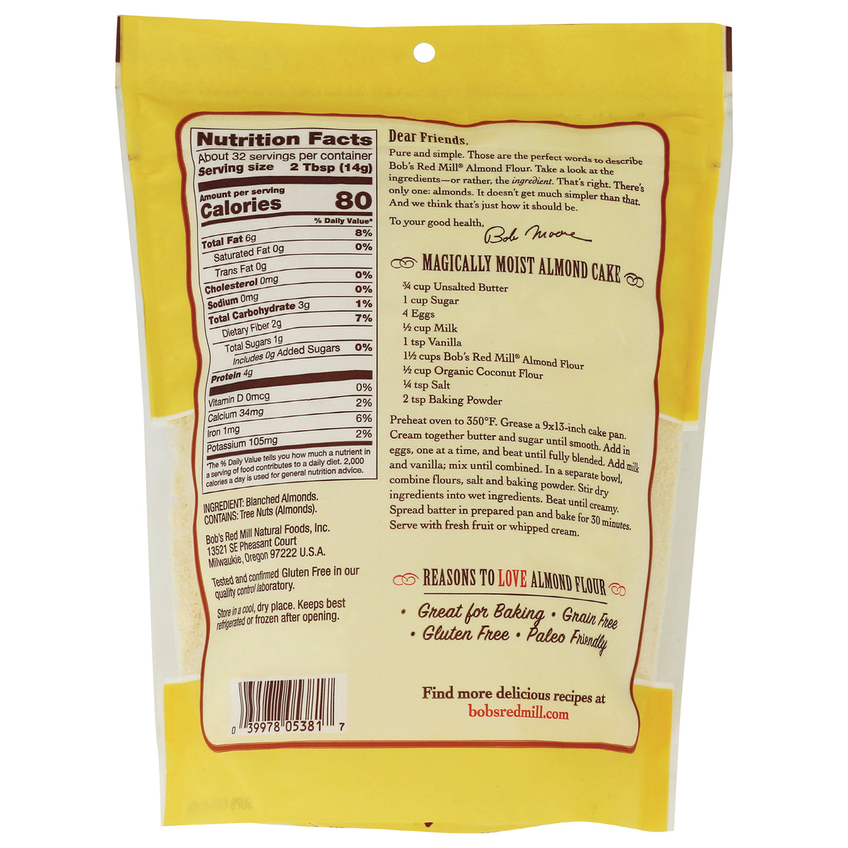 BOB271 | back of yellow bag showing Nutrition Facts, ingredient list and Magically Moist Almond Cake recipe
