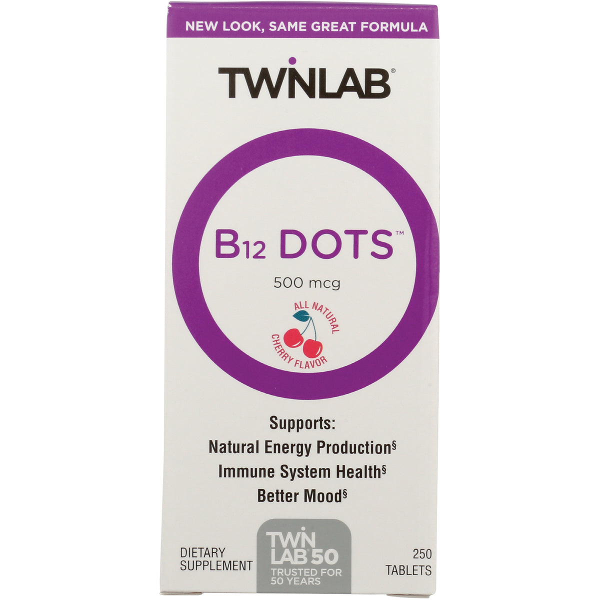 TL100 | Twinlab B12 Dots 500 mcg, cherry flavor, 250 tablets box front