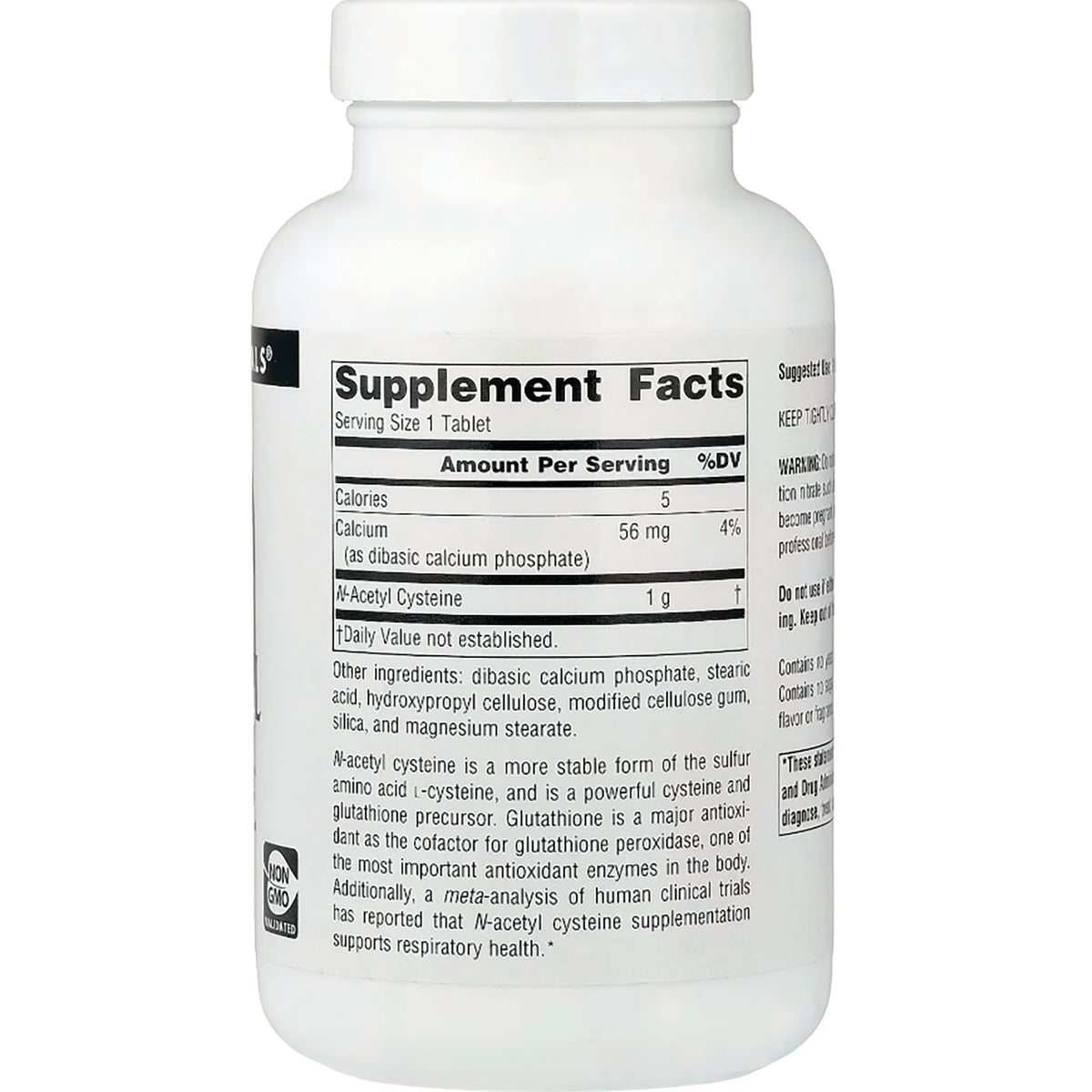 SN447 | Back label with Supplement Facts, ingredients, and N-Acetyl Cysteine information