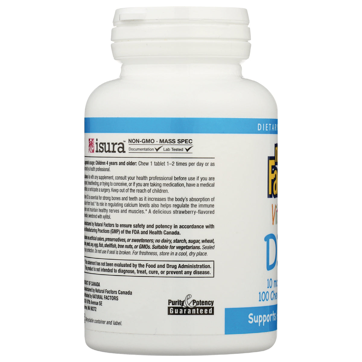 NFC126 | back label of white supplement bottle showing directions, warnings, and Purity & Potency Guaranteed logo