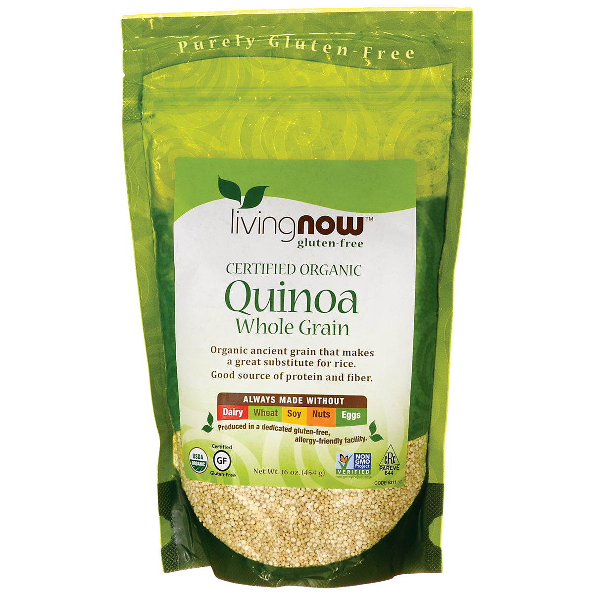 NWF1129 | Living Now certified organic Quinoa whole grain pouch front packaging with visible grain