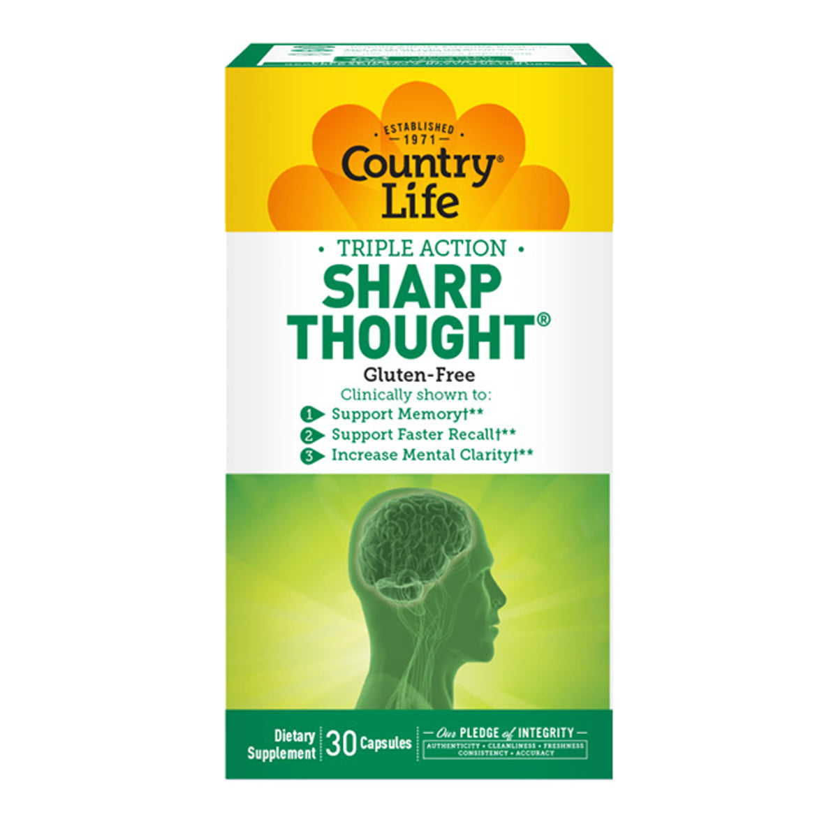CRL309 | Country Life Triple Action SHARP THOUGHT supplement box front showing product name and green brain silhouette