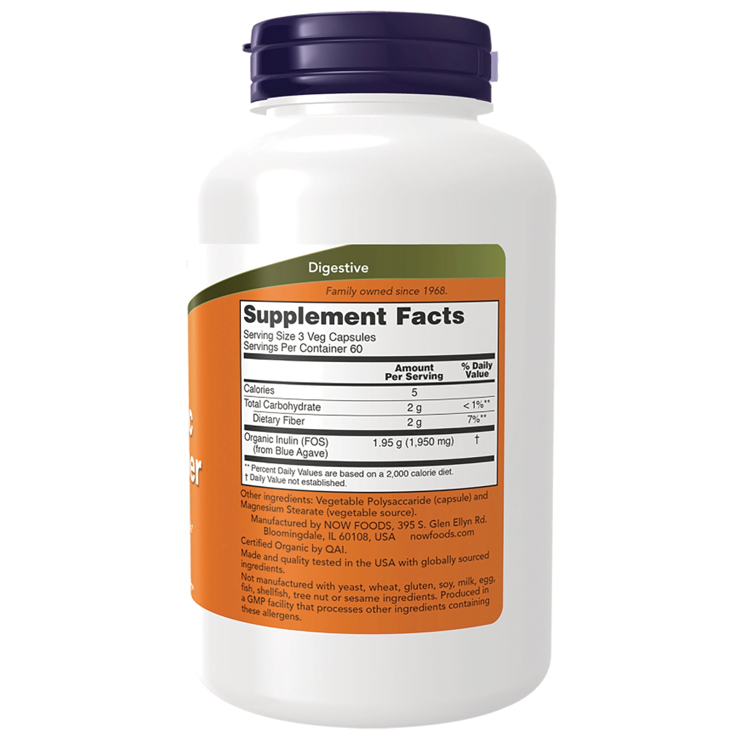 NWF1396 | Back label of white supplement bottle showing Supplement Facts with serving size 3 veg capsules and nutrition details