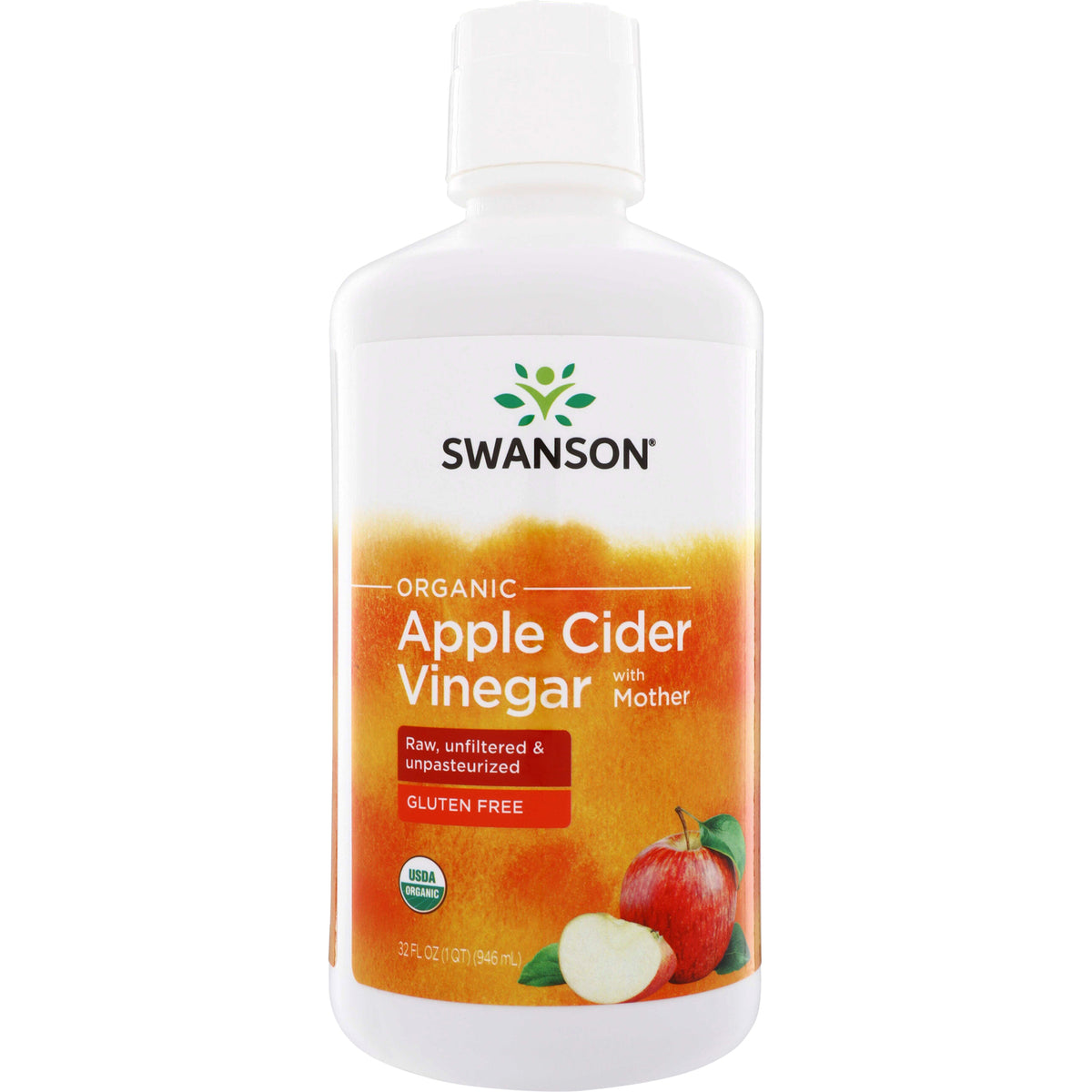SWF198 | Swanson Organic Apple Cider Vinegar with Mother, raw unfiltered & unpasteurized, 32 fl oz bottle