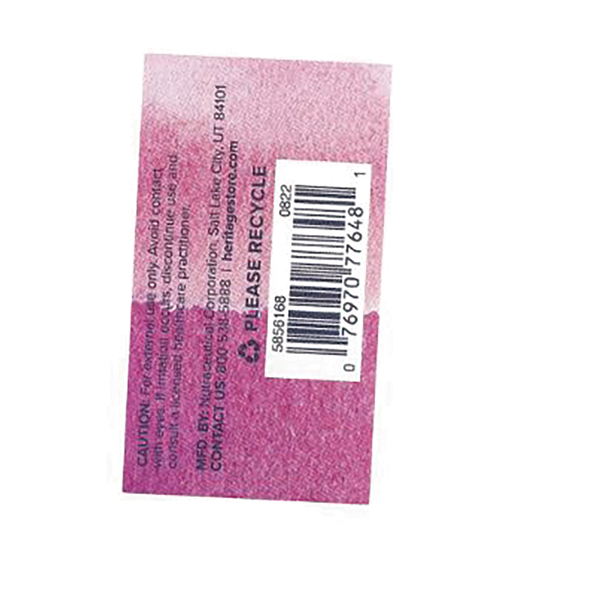 HTG020 | pink product back panel with barcode, recycling symbol and small caution and contact text
