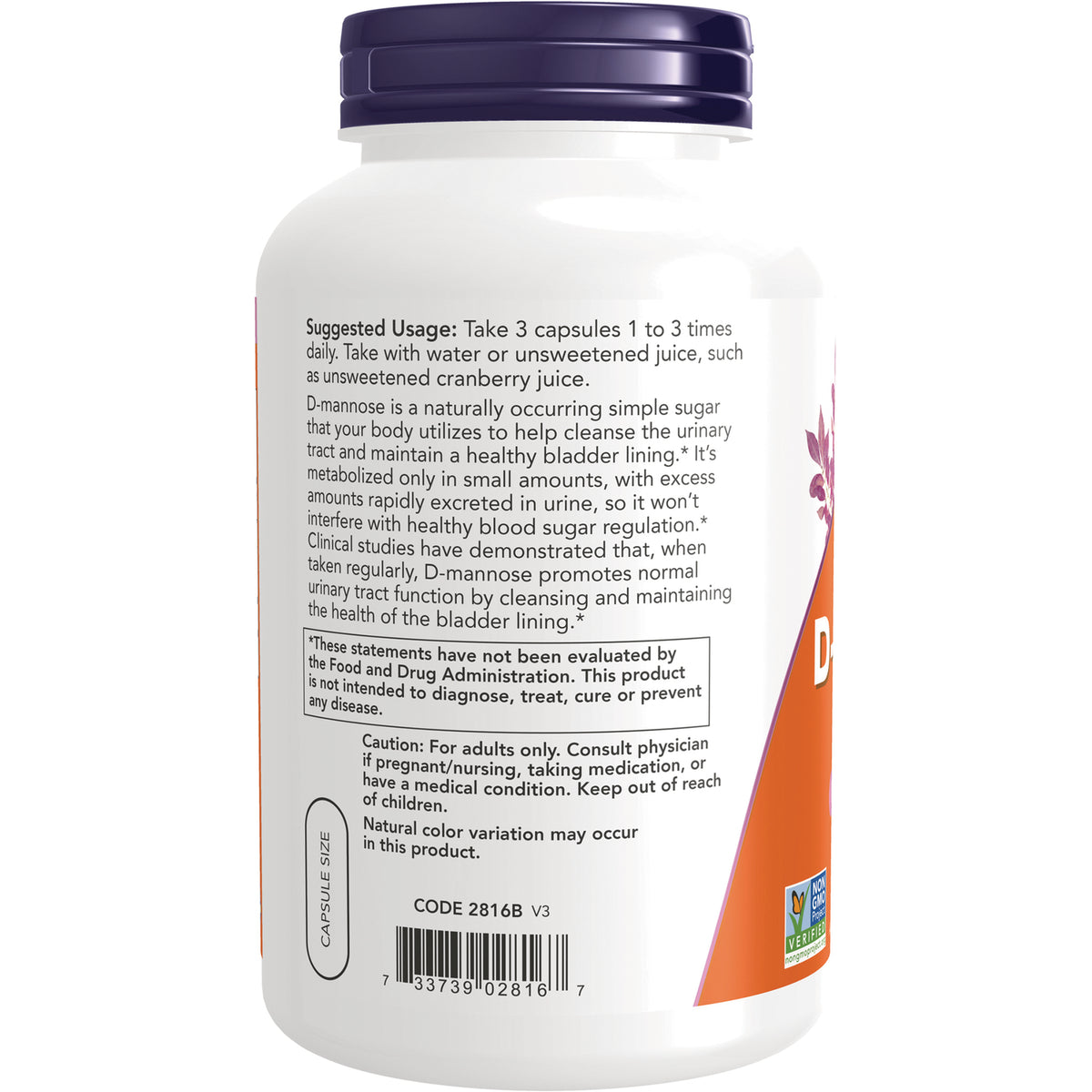 NWF1445 | Back label showing suggested usage, caution text, and barcode on white supplement bottle