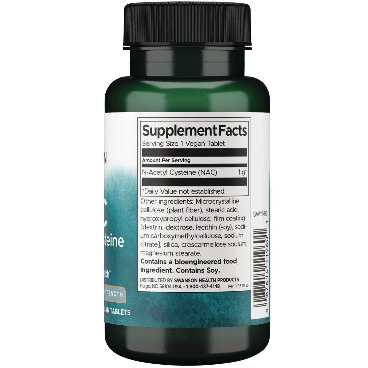 SW1960 | Back label showing Supplement Facts for N-Acetyl Cysteine (NAC) 1 g and ingredients