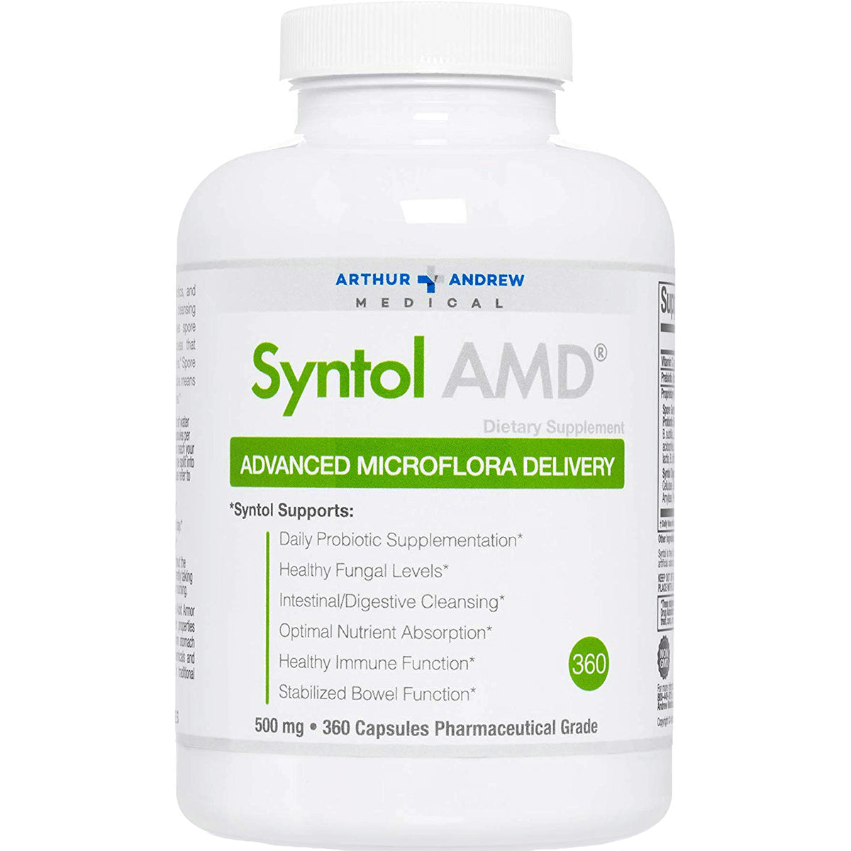 AAM003 | Syntol AMD white supplement bottle label reading Advanced Microflora Delivery, 360 capsules