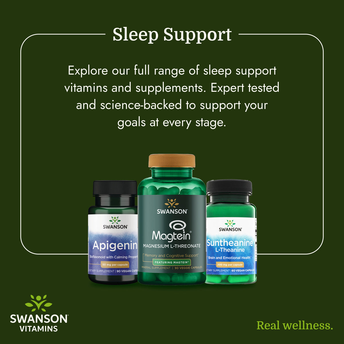 SWU375 | Swanson sleep support supplements infographic with Apigenin, Magtein, and Suntheanine bottles