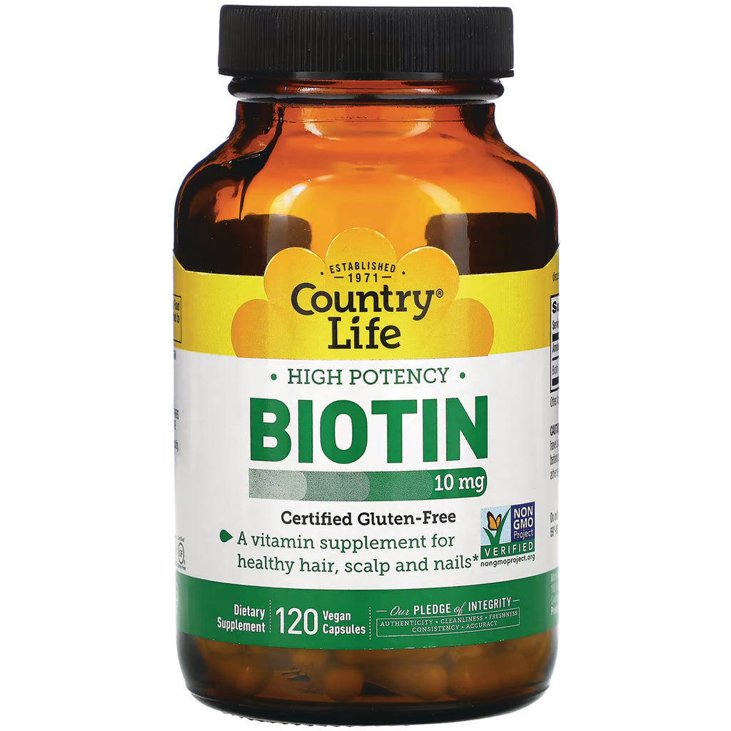 CRL551 | Amber bottle of Country Life Biotin 10 mg supplement, 120 vegan capsules, certified gluten-free label - Thumbnail