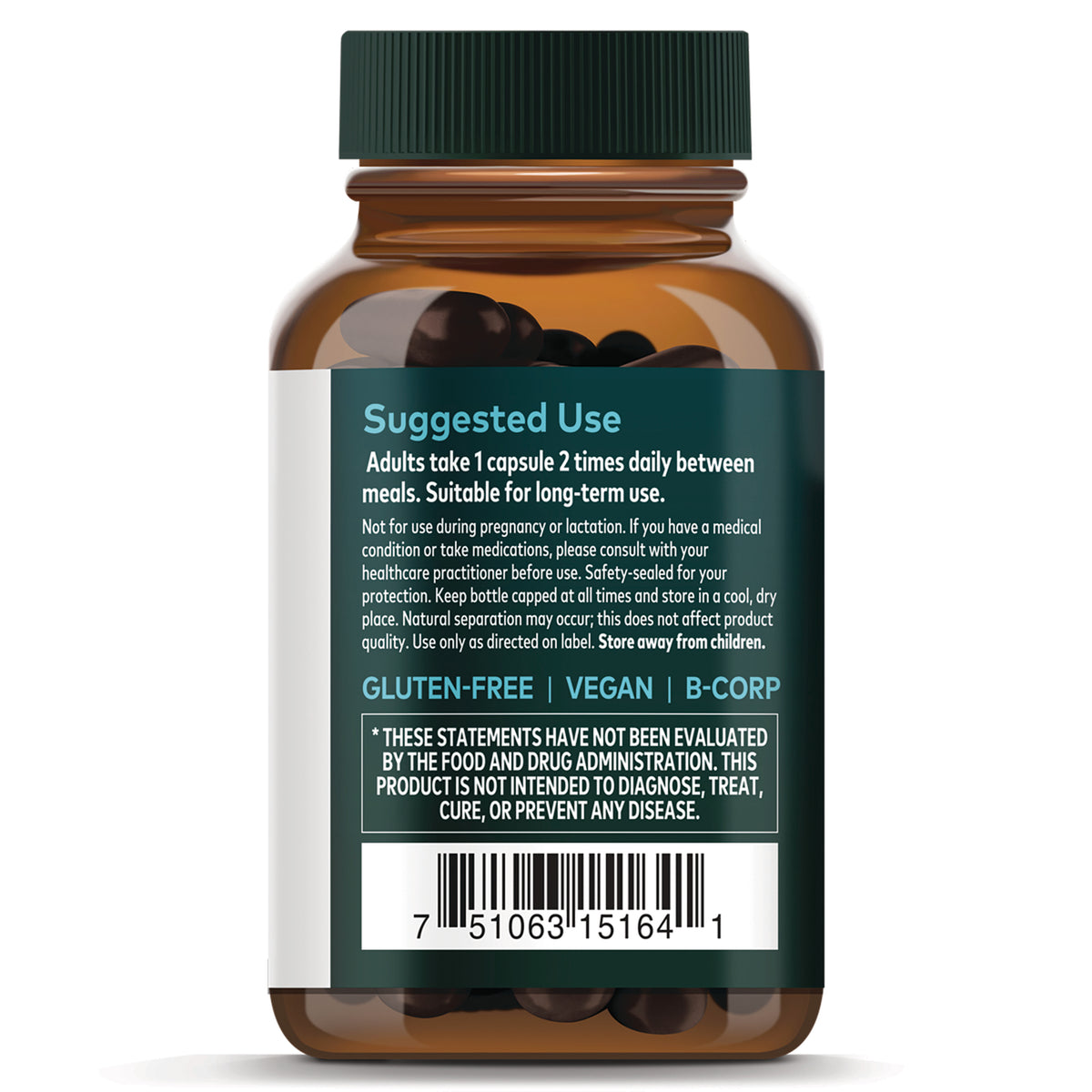 GH168 | Back label of amber supplement bottle showing suggested use, warnings, gluten-free vegan badges and barcode