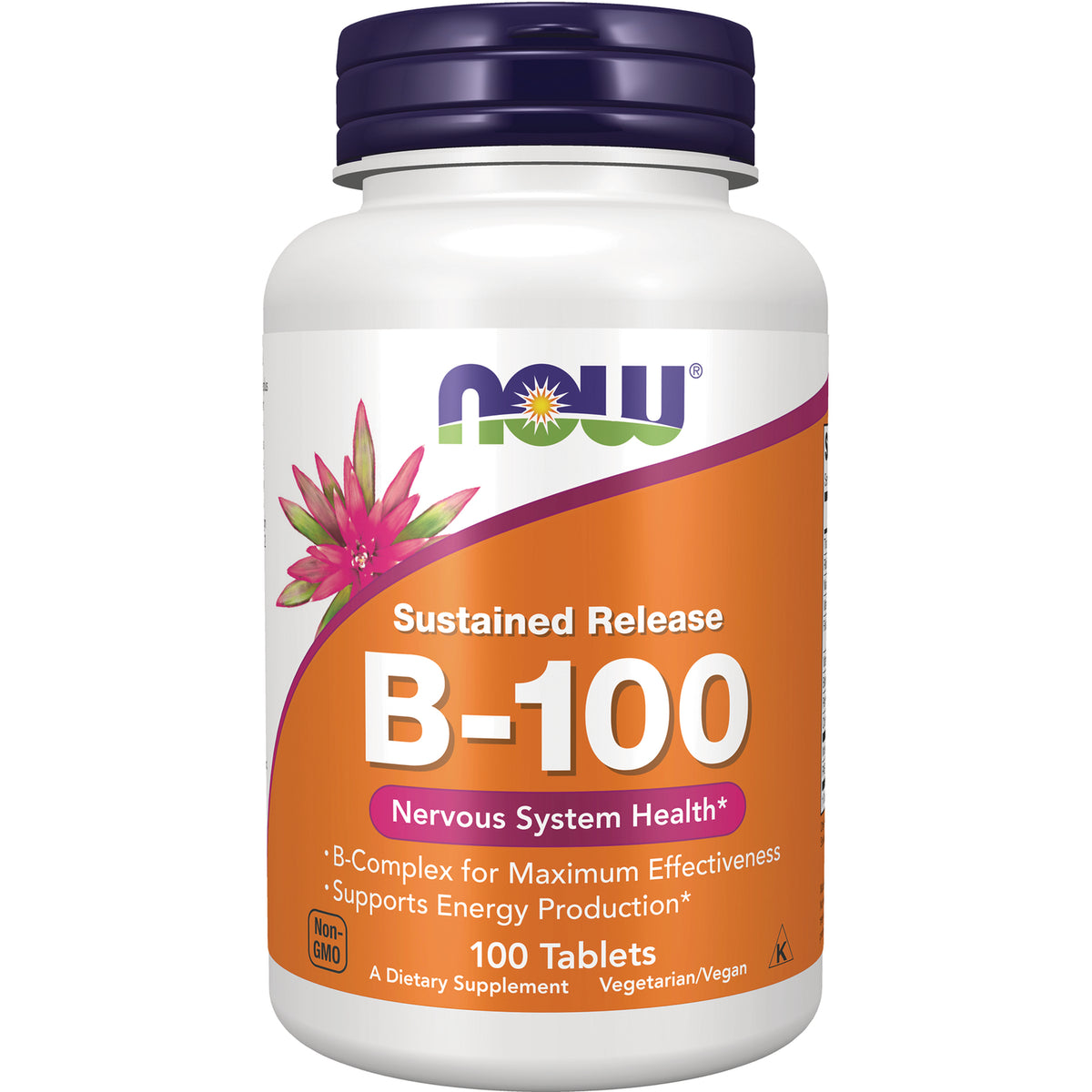 NWF1461 | NOW B-100 sustained release B-complex supplement bottle with orange label, purple cap, 100 tablets