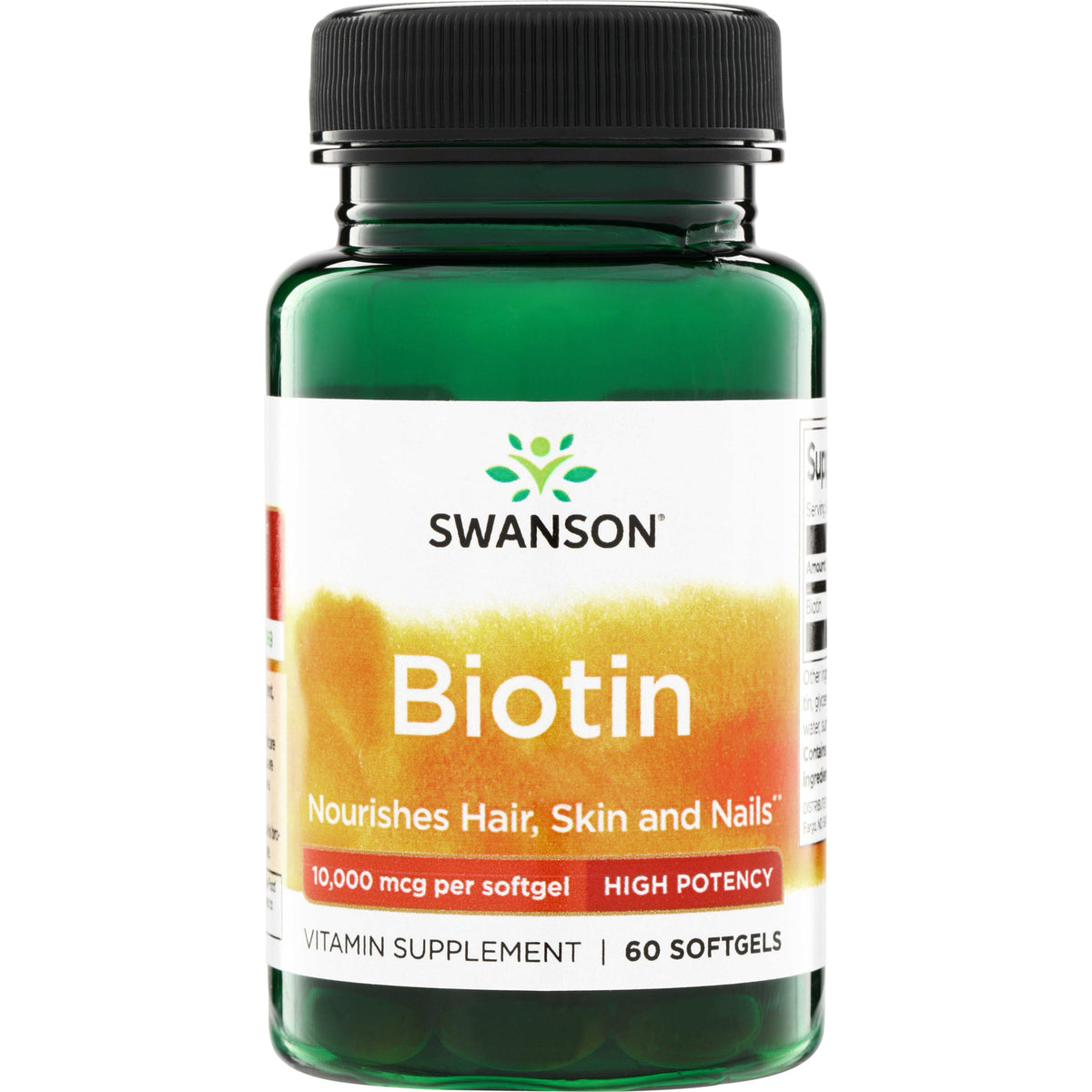 SW1686 | Swanson Biotin, High Potency 10,000 mcg per softgel, Nourishes Hair, Skin and Nails, 60 softgels