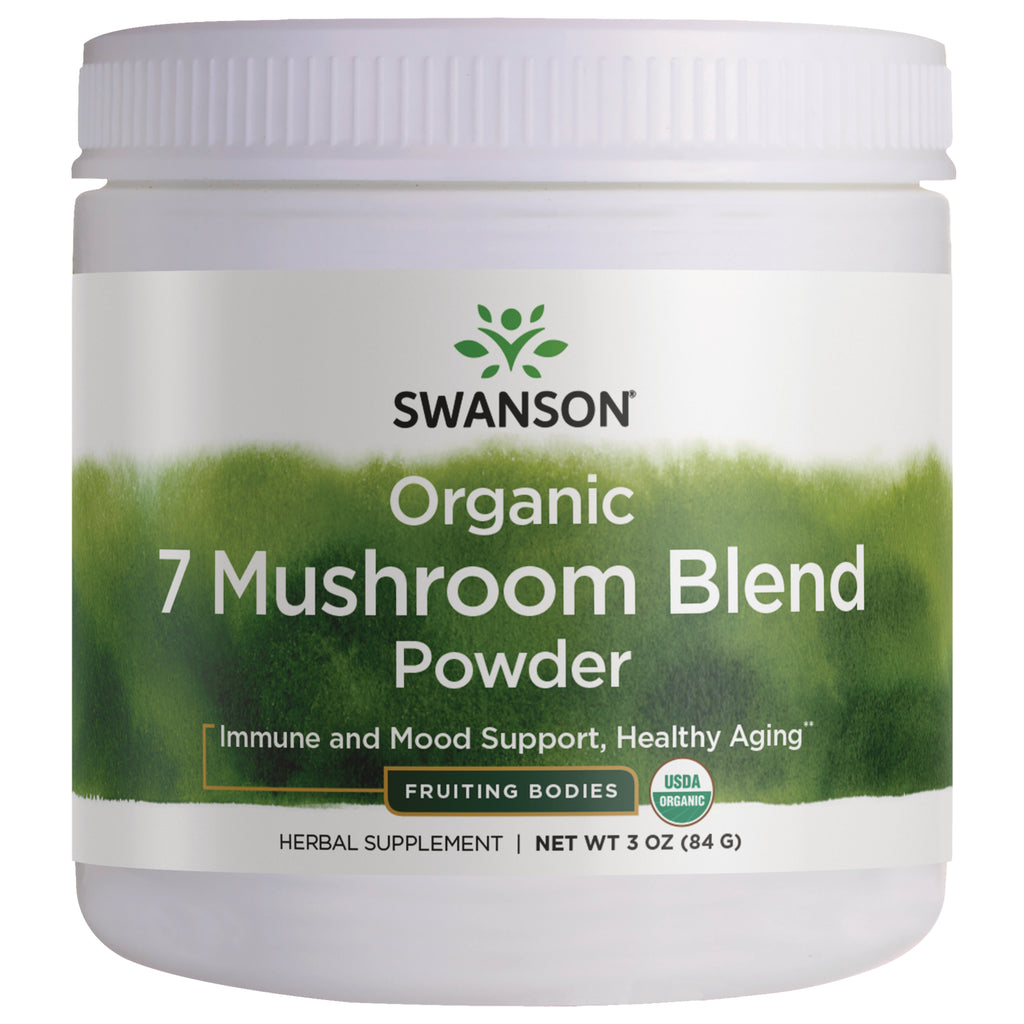 Swanson Organic 7 Mushroom Blend Powder jar with label and accompanying product benefits and supplement facts sheet - Thumbnail