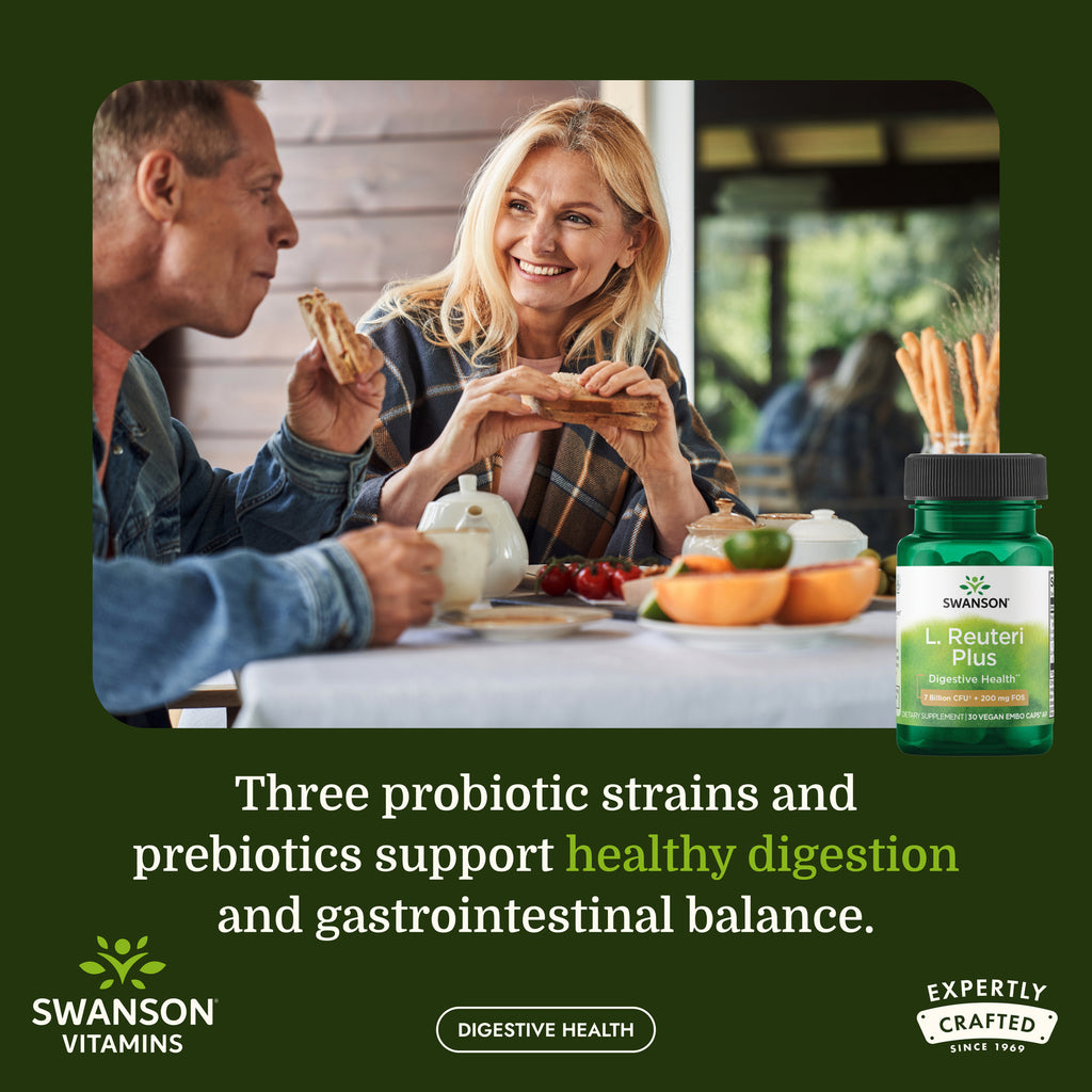 SWA025 | Woman outdoors smiling beside Swanson L. Reuteri Plus bottle, with text about gut health and immune support - Thumbnail