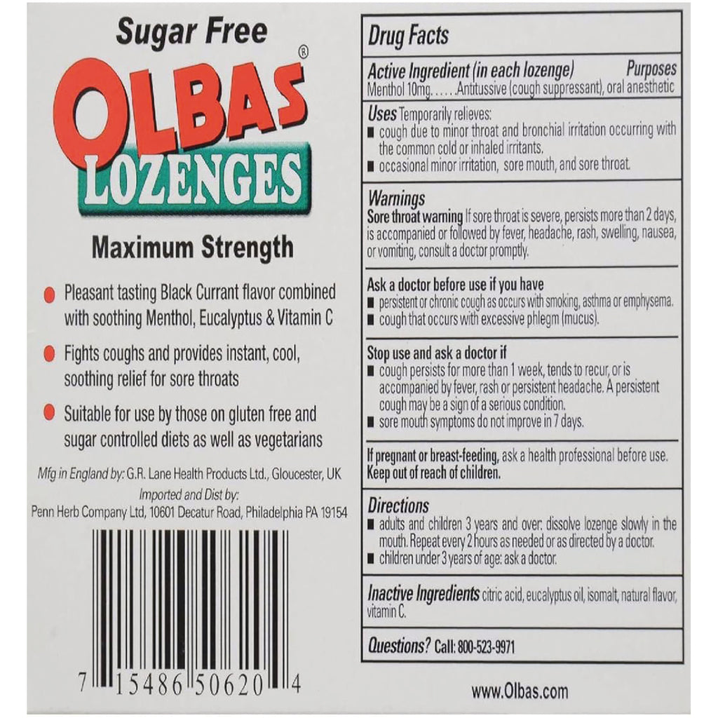 OLB011 | Back of Olbas Lozenges box showing Drug Facts, warnings, directions, inactive ingredients, and barcode - Thumbnail