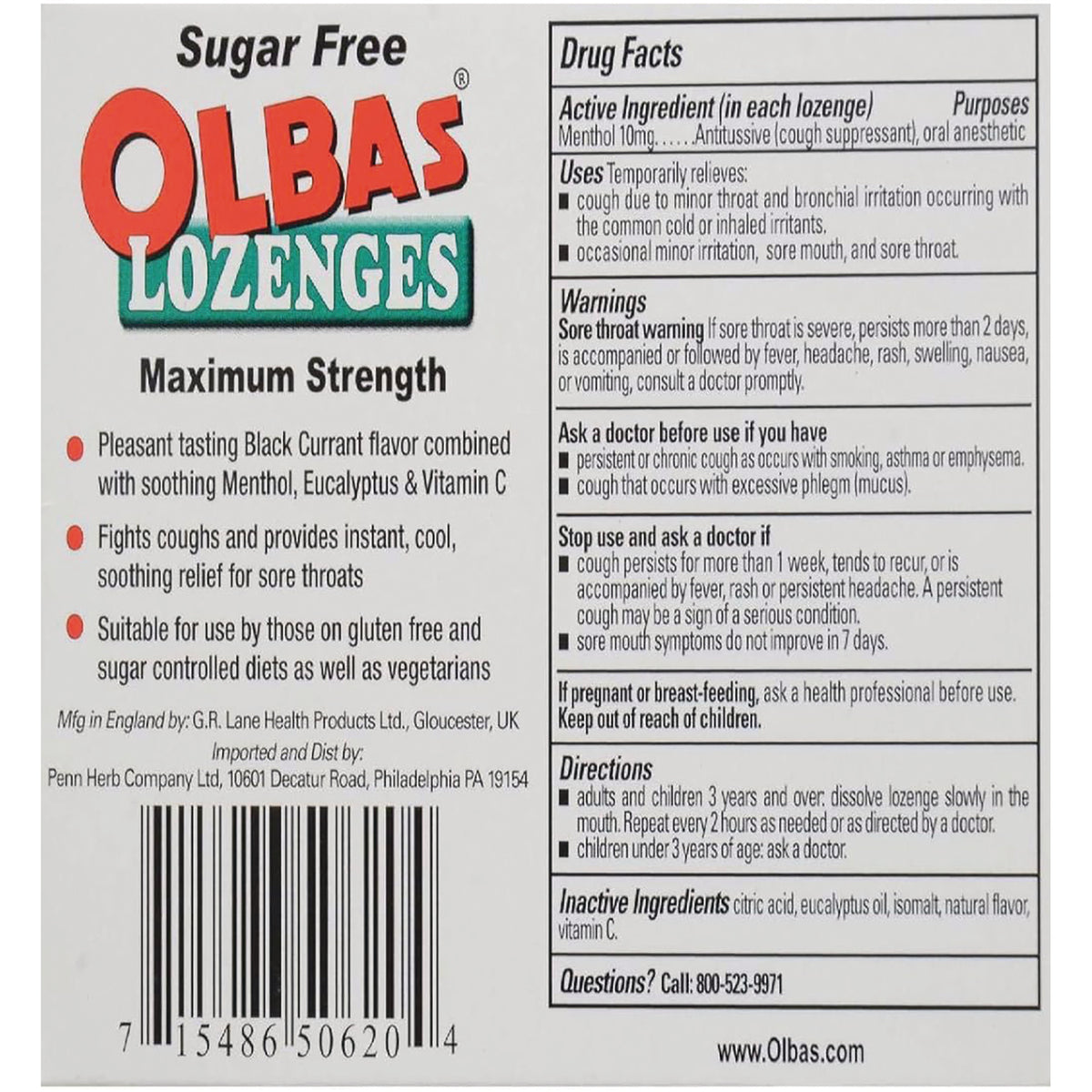 OLB011 | Back of Olbas Lozenges box showing Drug Facts, warnings, directions, inactive ingredients, and barcode