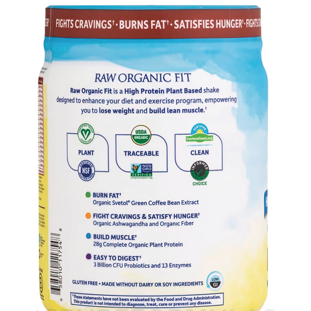 GLF174 | Back label of RAW ORGANIC FIT plant-based protein showing claims to burn fat, fight cravings, build muscle and certification icons - Thumbnail
