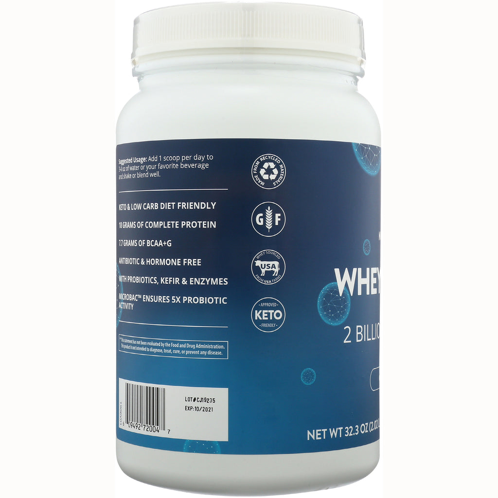 MRM005 | side of blue whey protein container showing product infographic, claims, icons and barcode - Thumbnail