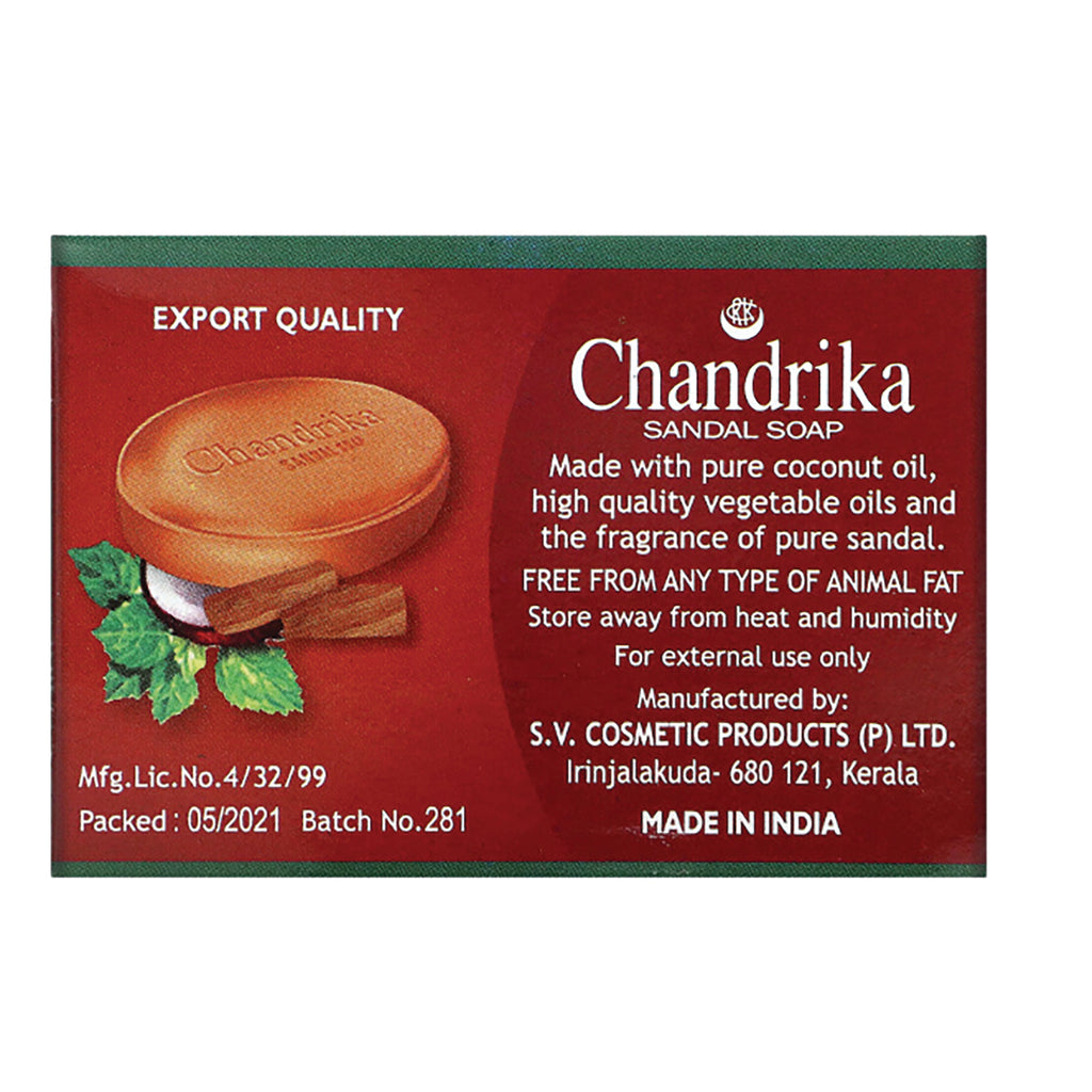 CDR001 | Back of Chandrika sandal soap box showing product name, ingredient claims, batch and manufacturer information, Made in India - Thumbnail