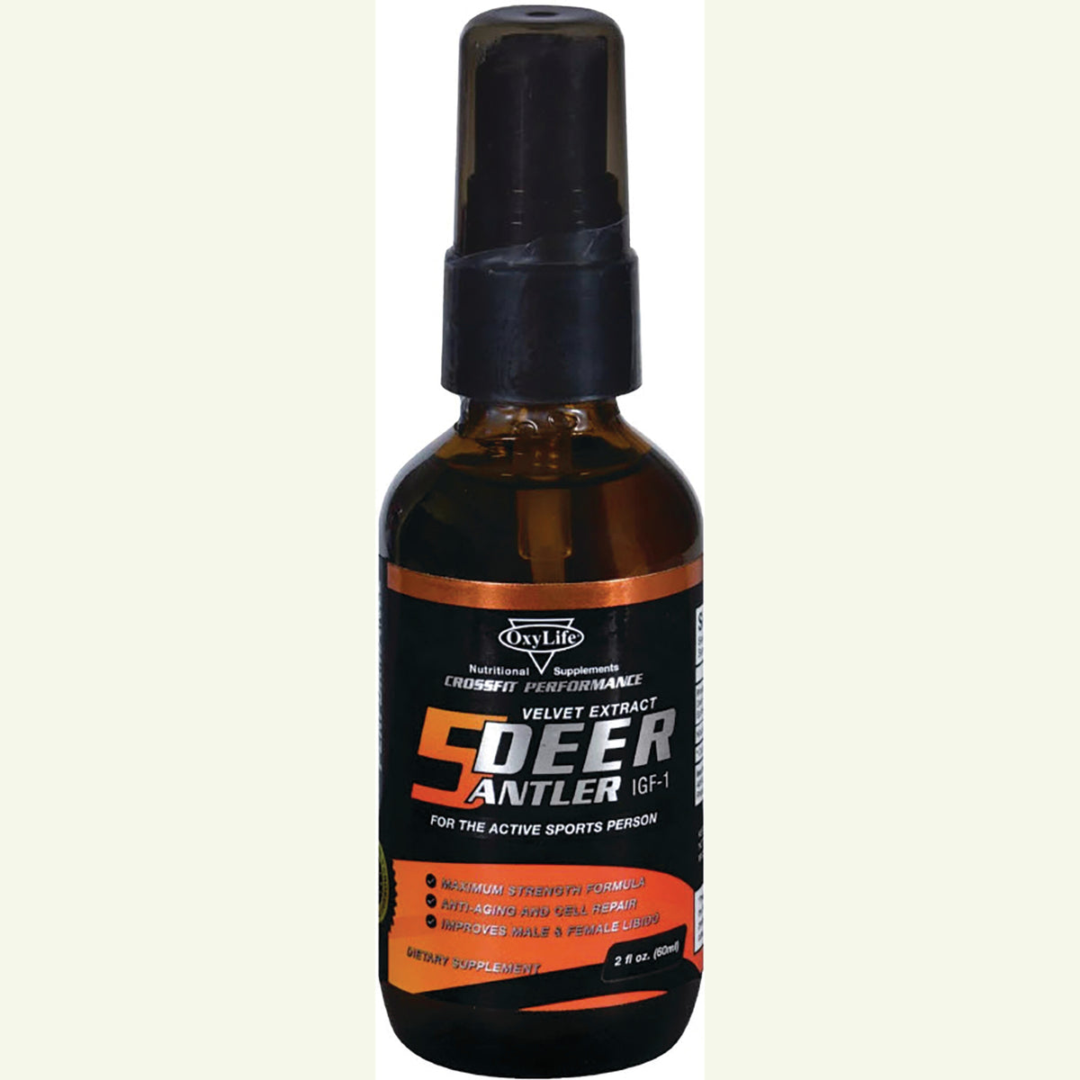 OXY013 | amber spray bottle of OxyLife 5DEER Antler velvet extract dietary supplement with black and orange label