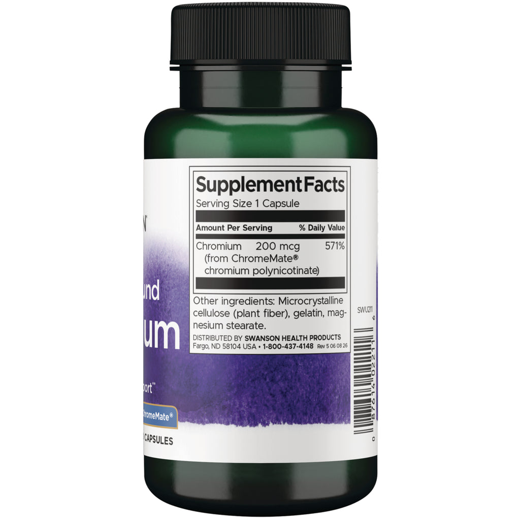 SWU211 | Back label with Supplement Facts: Chromium 200 mcg (ChromeMate), other ingredients and barcode - Thumbnail