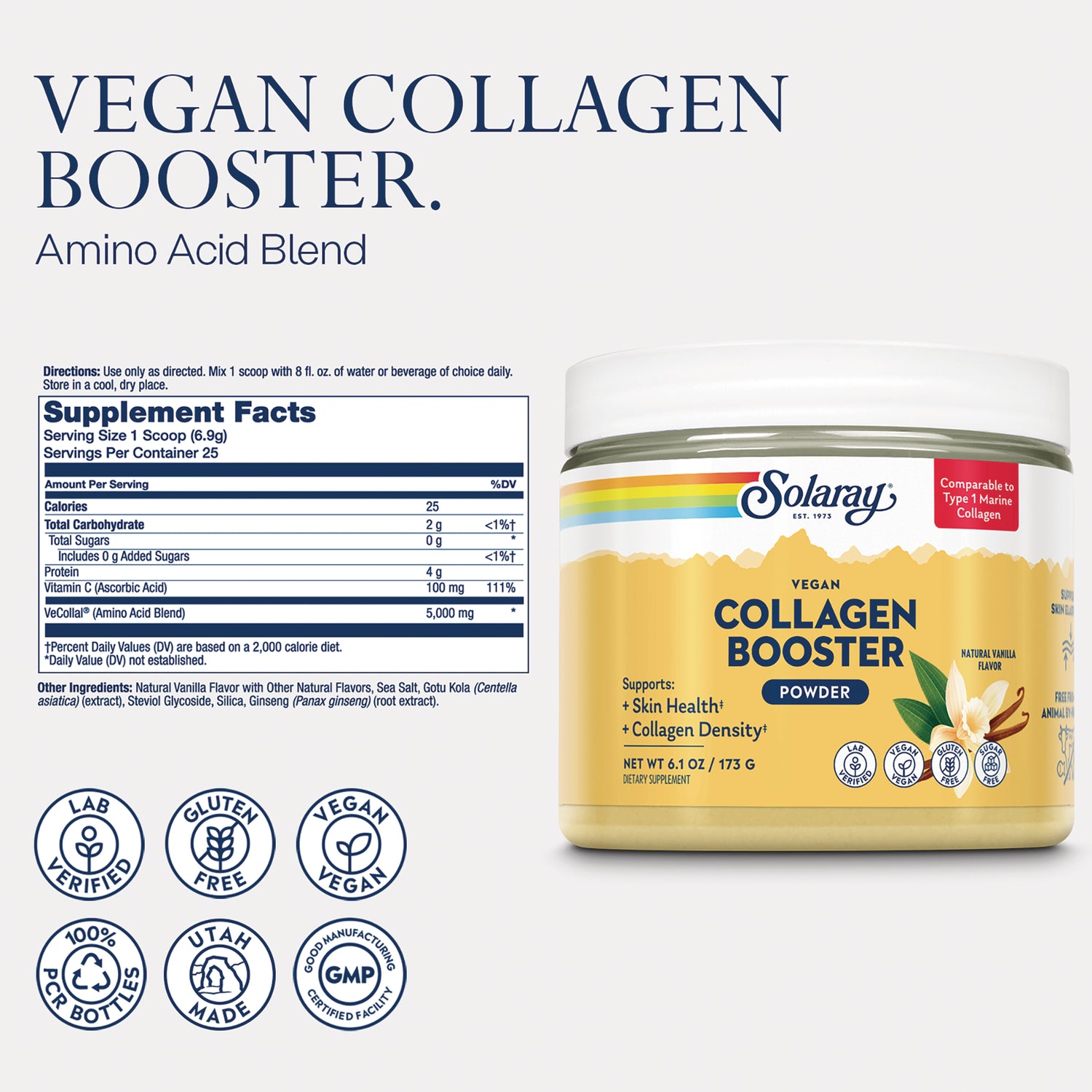 SLR542 | back label showing supplement facts panel, ingredient list, and jar packaging with vegan collagen booster branding