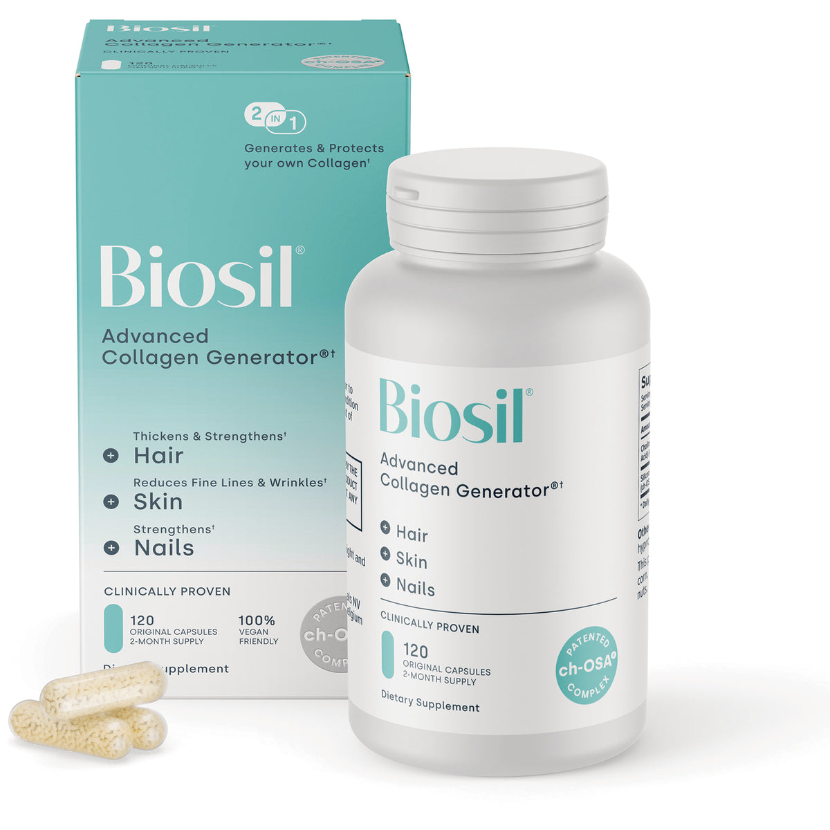 NFC103 | Biosil Collagen Generator box front reading ch-OSA and 120 original capsules, vegan friendly supplement