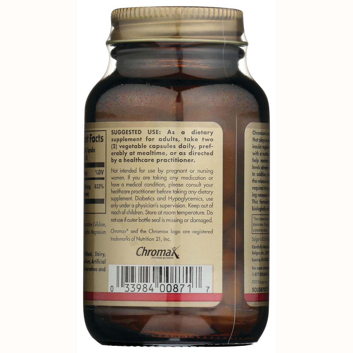 SLG269 | Back of amber supplement bottle showing suggested use text, Chromax logo, and barcode