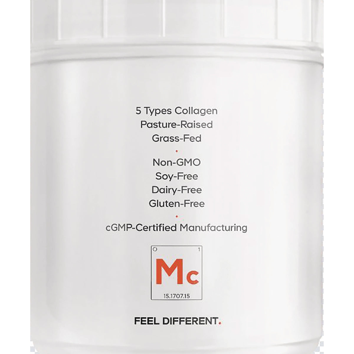 CDG009 | Back label of white supplement jar listing 5 Types Collagen, pasture-raised grass-fed, Non-GMO, soy-free, dairy-free, gluten-free