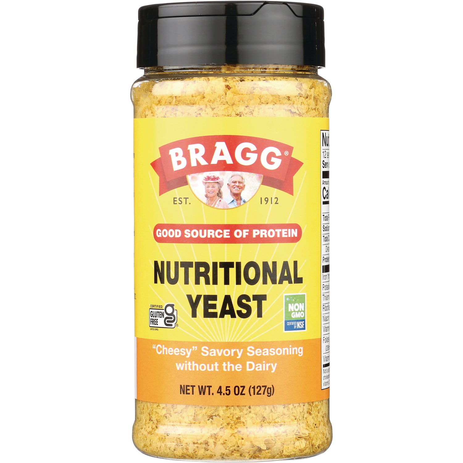 BR013 | Bragg Nutritional Yeast jar with yellow label, cheesy savory seasoning, net wt 4.5 oz (127g)