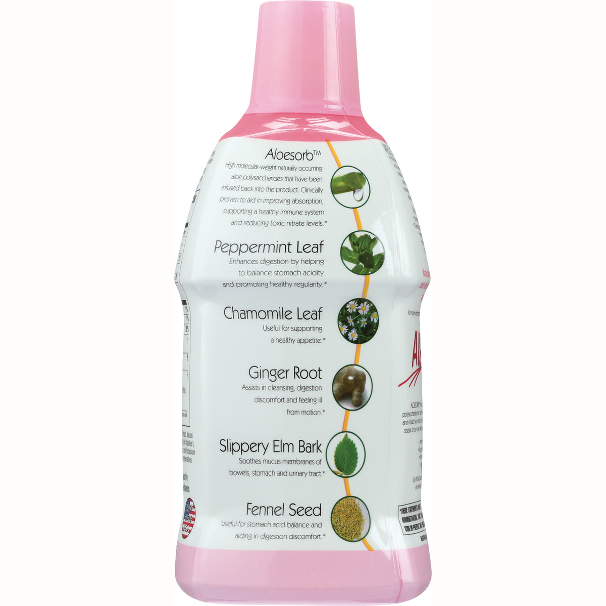 LIL006 | product infographic on bottle listing Aloesorb, peppermint leaf, chamomile, ginger root, slippery elm bark, fennel seed with small plant images