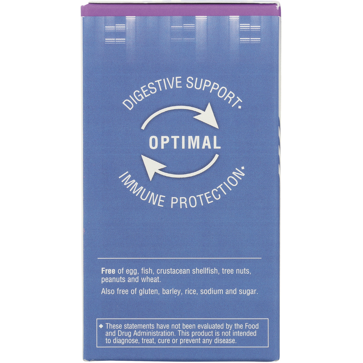BLU148 | blue product panel reading OPTIMAL with circular arrows, labeled Digestive Support and Immune Protection, allergen-free statement