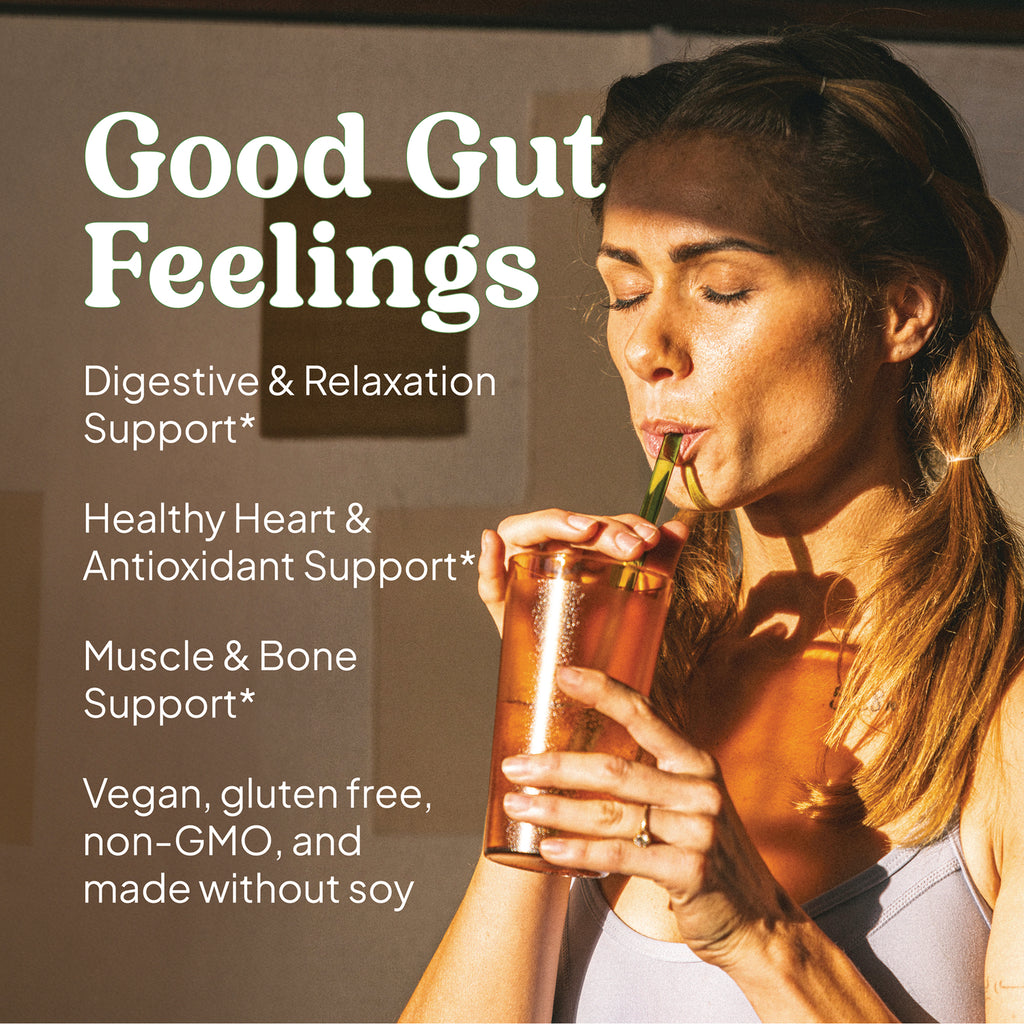 KL591 | Woman sipping a drink with overlay text Good Gut Feelings and benefits: digestive, heart, muscle support; vegan non-GMO - Thumbnail