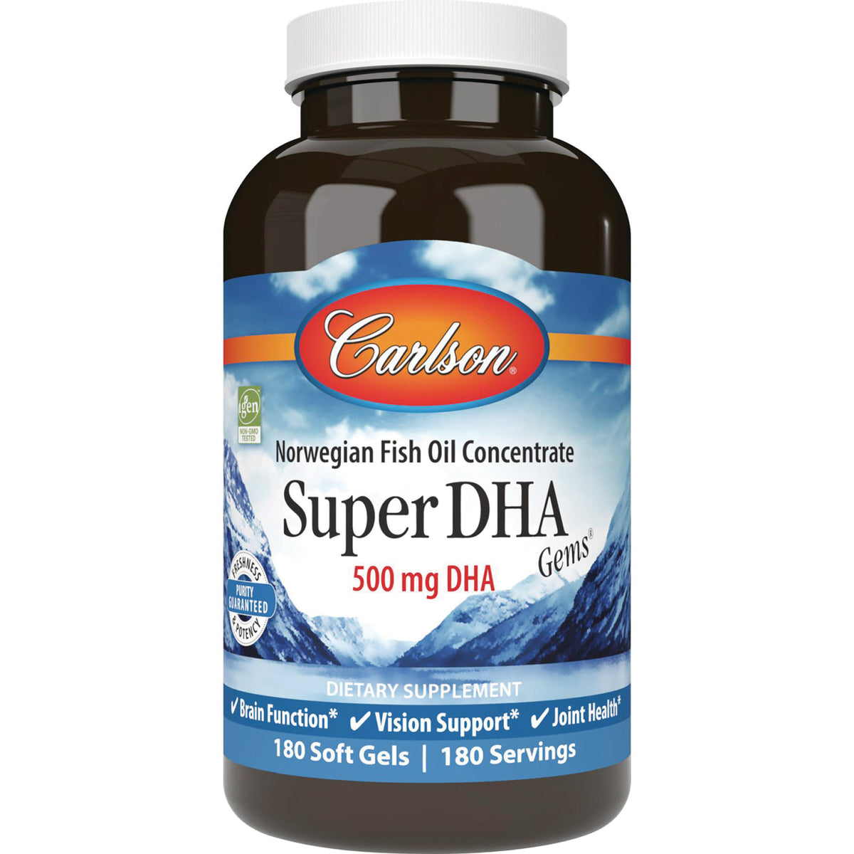 CSN014 | Carlson Super DHA 500 mg Norwegian fish oil concentrate bottle, 180 soft gels front label