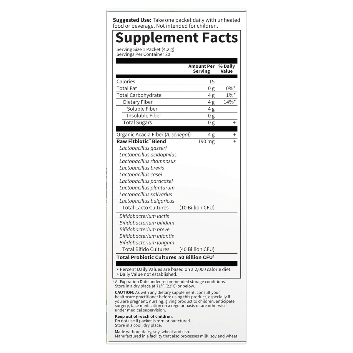 GLF209 | Supplement Facts panel showing serving size, fiber, Raw Fitbiotic blend and total probiotic cultures 50 Billion CFU