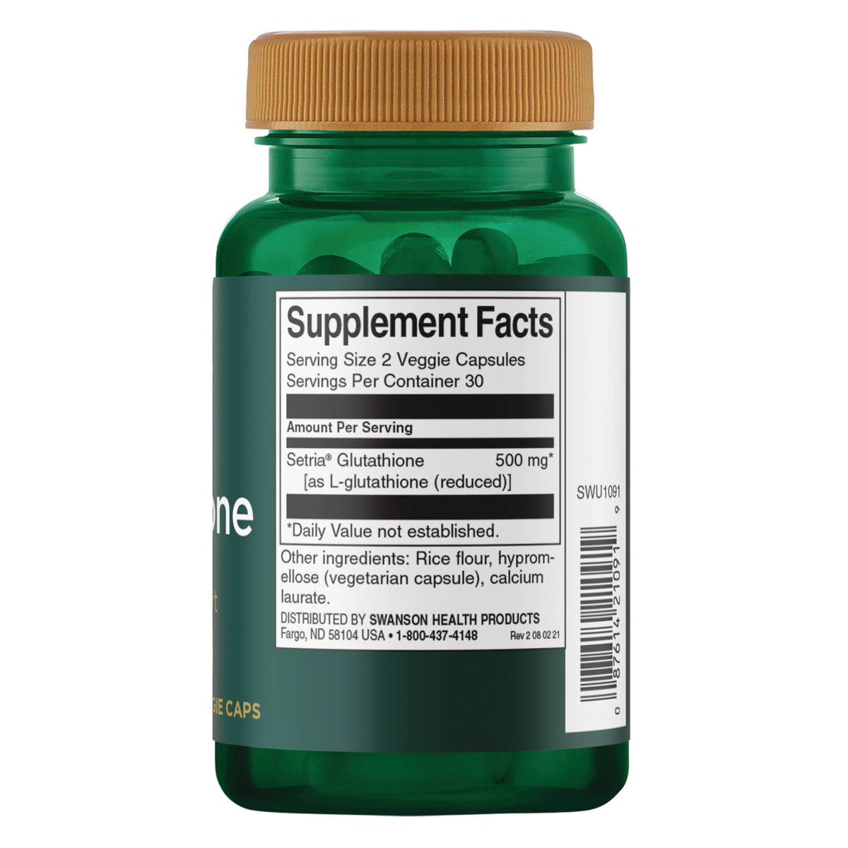 SWU1091 | Back label with Supplement Facts for glutathione capsules, 500 mg per serving, 2 veggie capsules, 30 servings