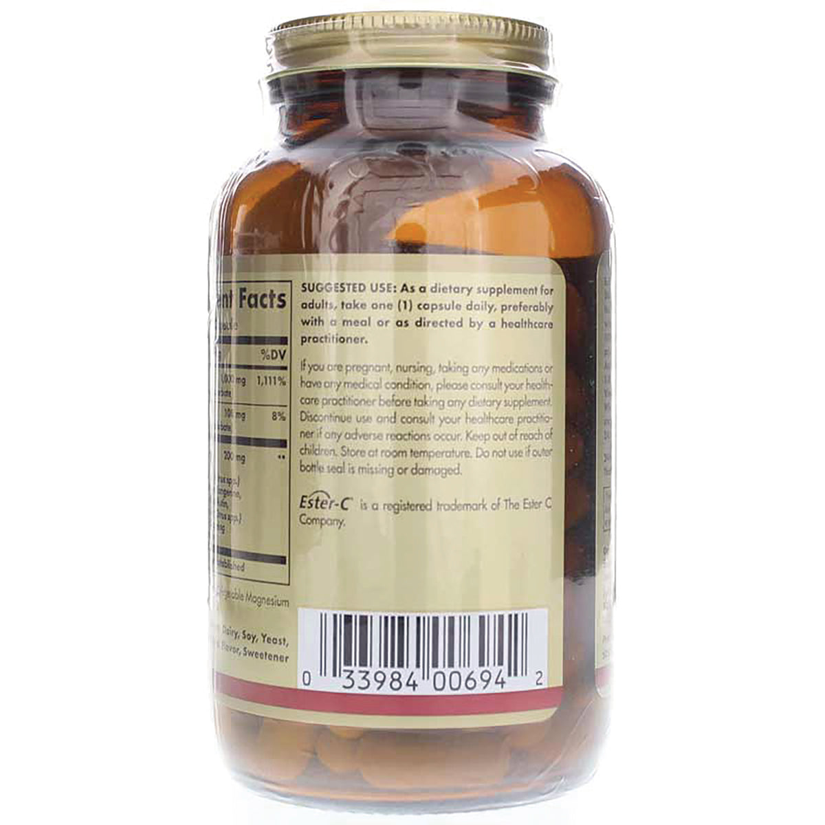 SLG378 | Back of amber supplement bottle showing suggested use text, nutrition facts panel and barcode