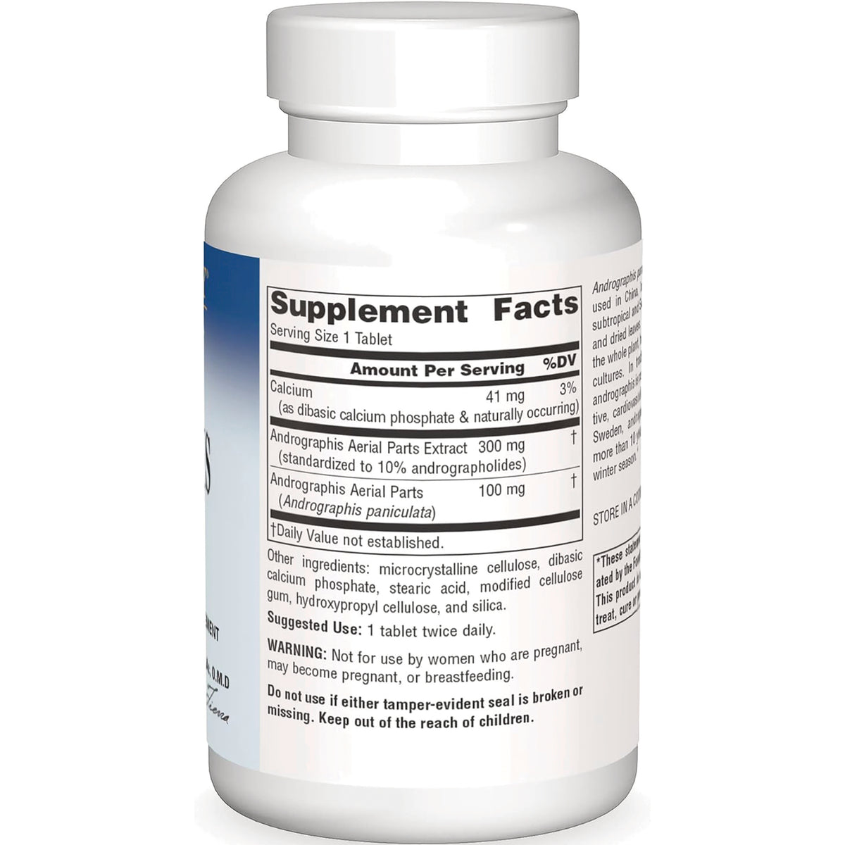 PF054 | back of white supplement bottle showing Supplement Facts panel, ingredient list, suggested use and warning