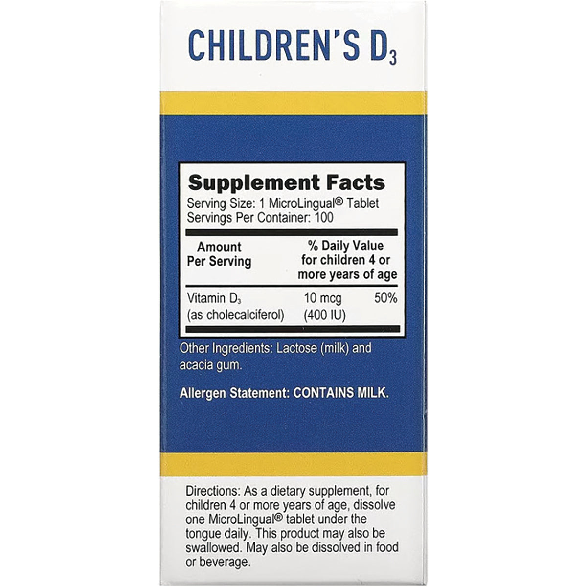 SUS027 | Back of Children's D3 supplement box showing Supplement Facts and allergen statement CONTAINS MILK