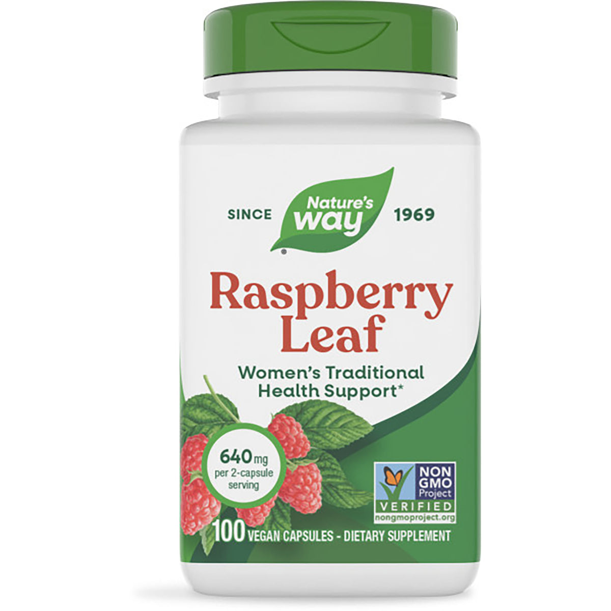 NW843 | Nature's Way Raspberry Leaf dietary supplement bottle, 100 vegan capsules, 640 mg per 2-capsule serving