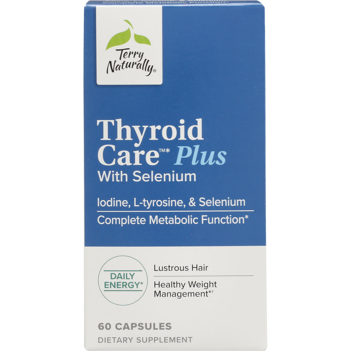 EUR059 | Terry Naturally Thyroid Care Plus supplement box, blue and white packaging, 60 capsules, with selenium